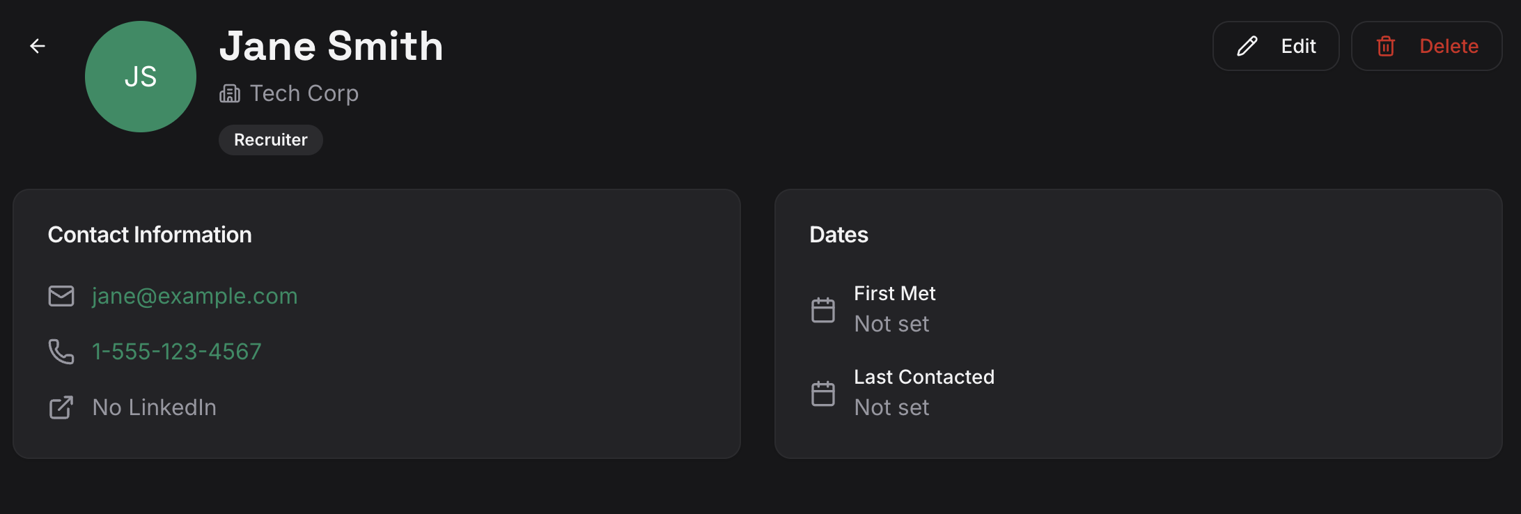 Contact detail view showing linked applications